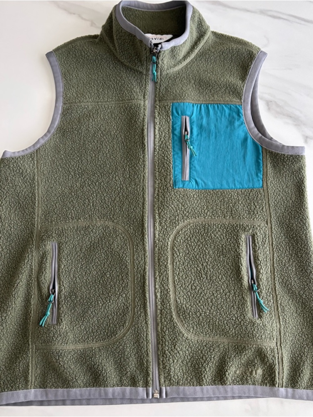 Orvis Olive Green Sherpa Fleece Vest with Light Gray Trim Sz M